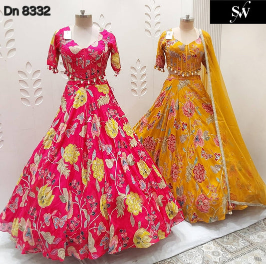 Hot Pink Mustard Crop Top Lehenga