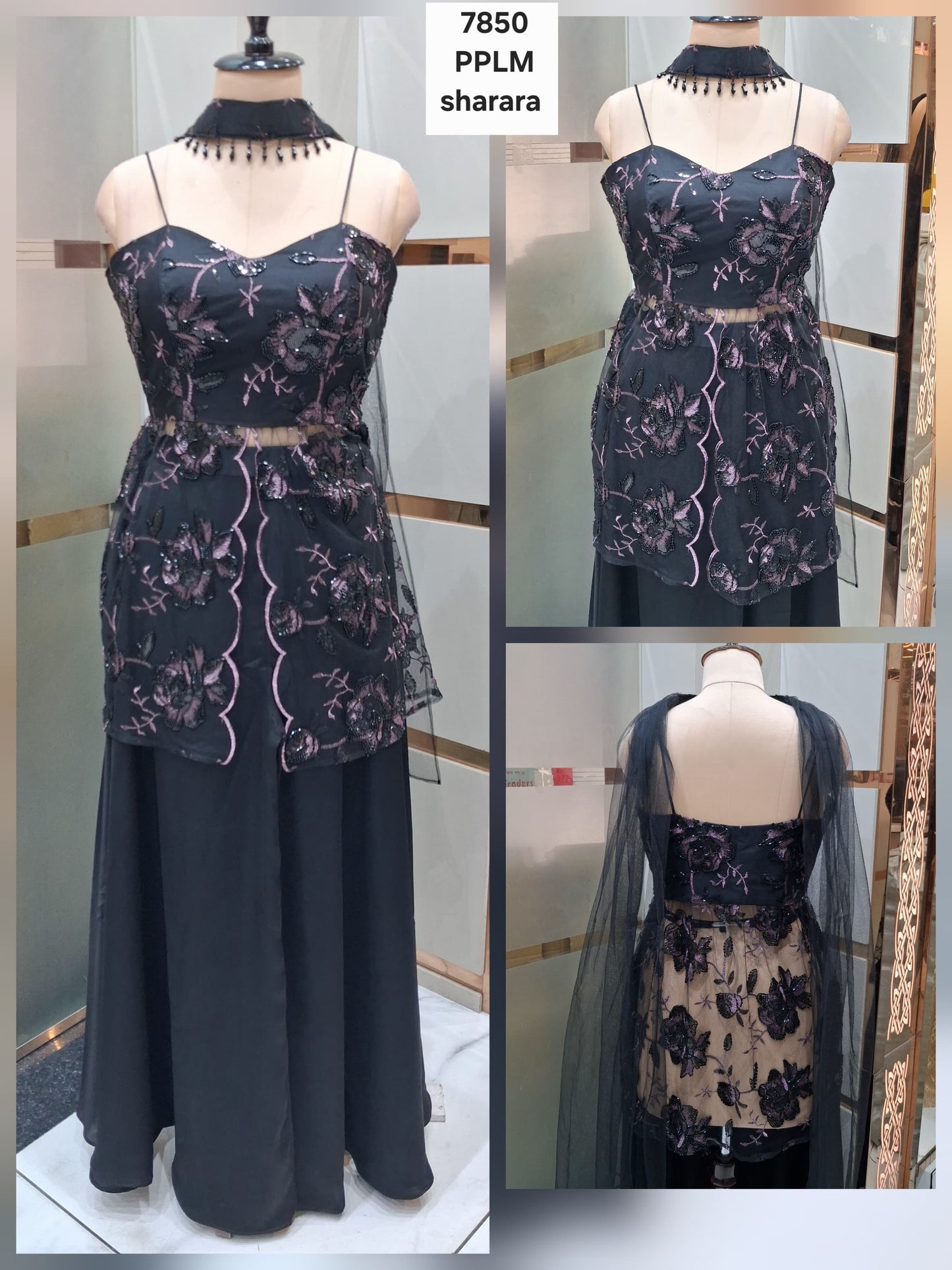 Black Long Sharara Dress Material