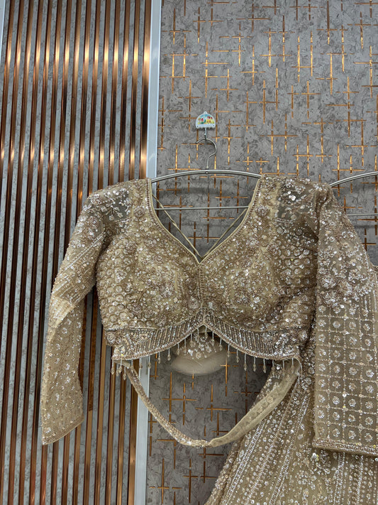 Beige golden Crop Top Lehenga