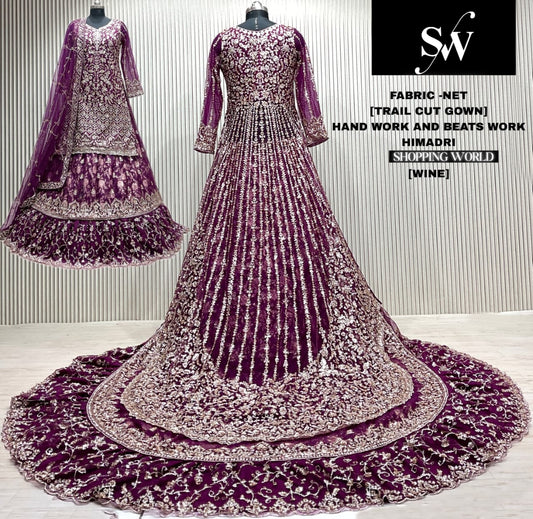 Wine net long farshi tail gown Dress