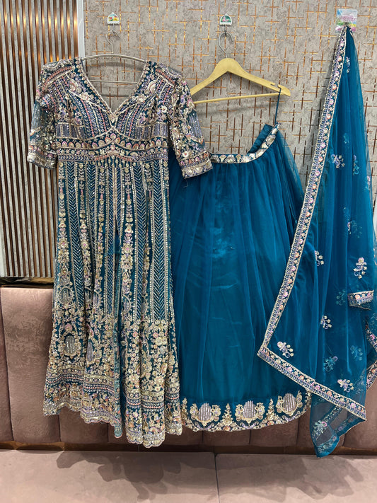 Blue long Farshi Garara Peplum Dress Lehenga