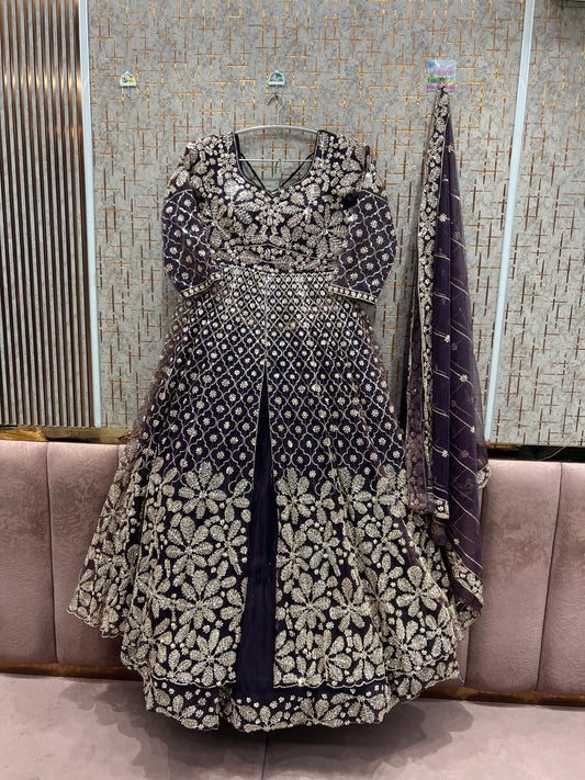 Pleasing Purple long peplum Dress Farshi Gaharara Dress Special