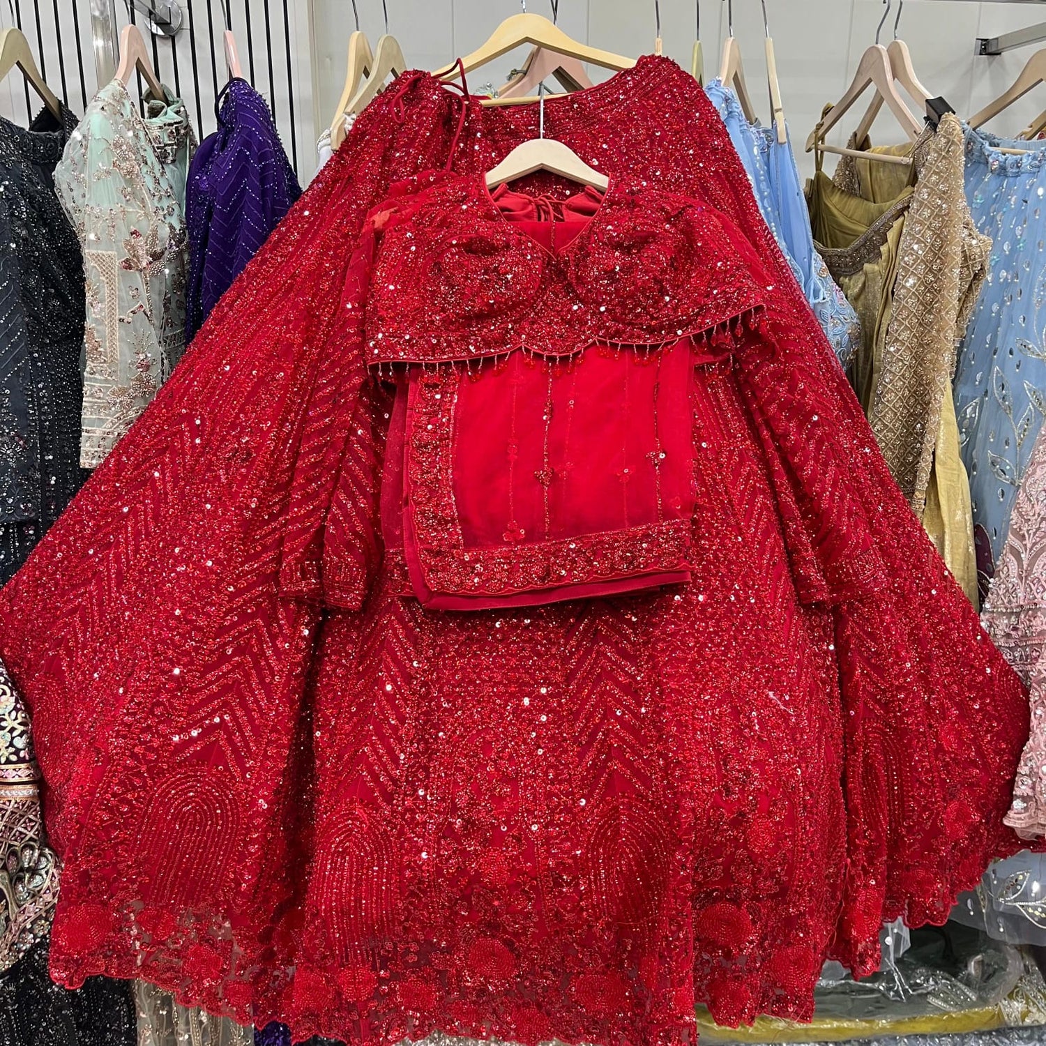 Red on Red Monotone Crop Top Lehenga - Shopping World