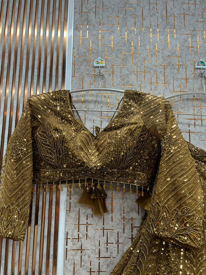 Gorgeous Dark Golden on golden monotone crop Top Lehenga
