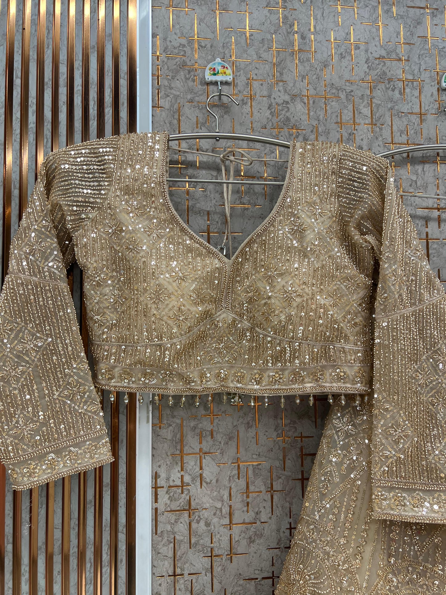 Beige Golden Crop Top Lehenga