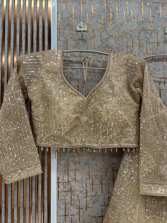 Beige Golden Crop Top Lehenga