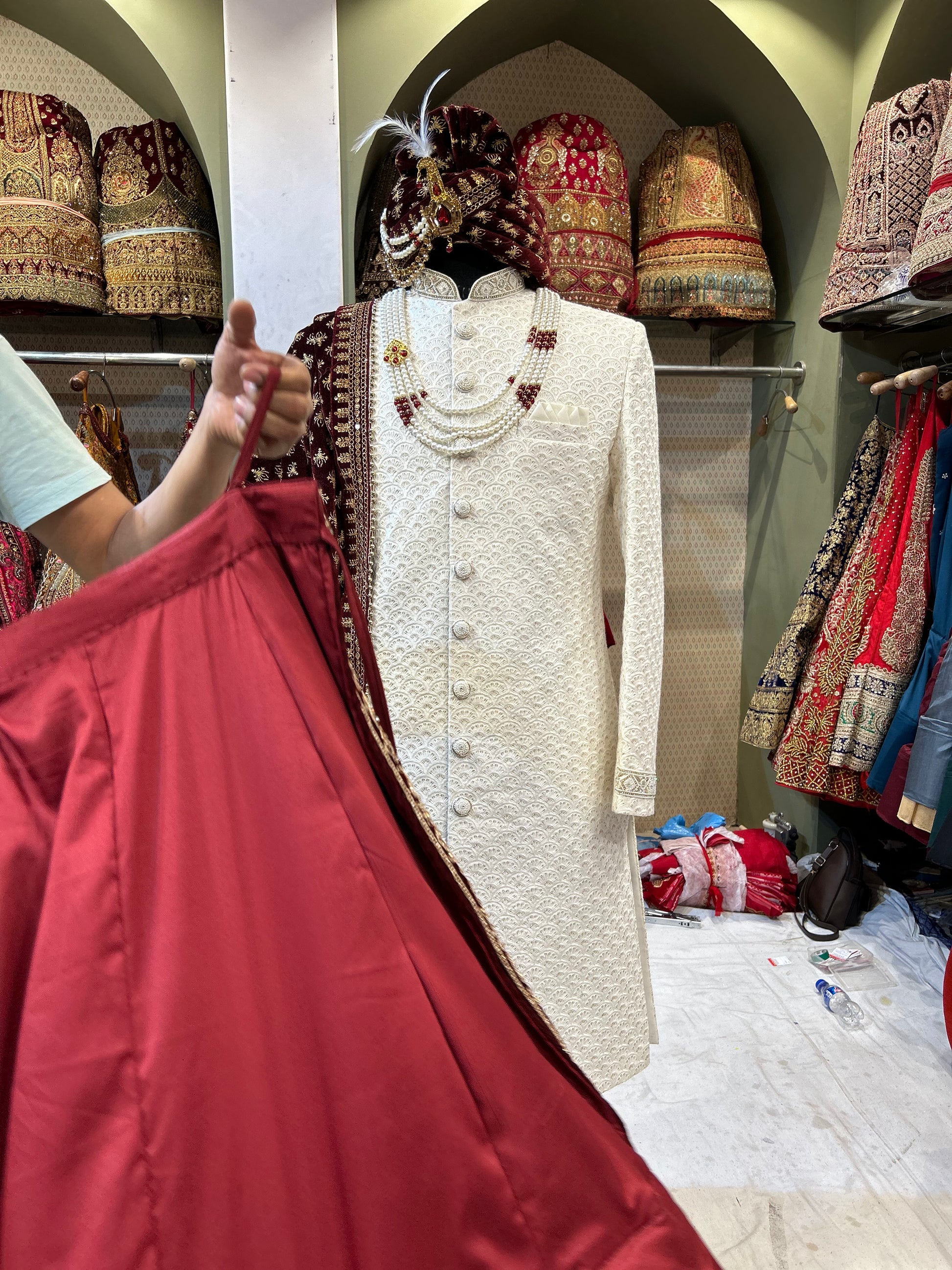 Royal Cream maroon Colour Sherwani
