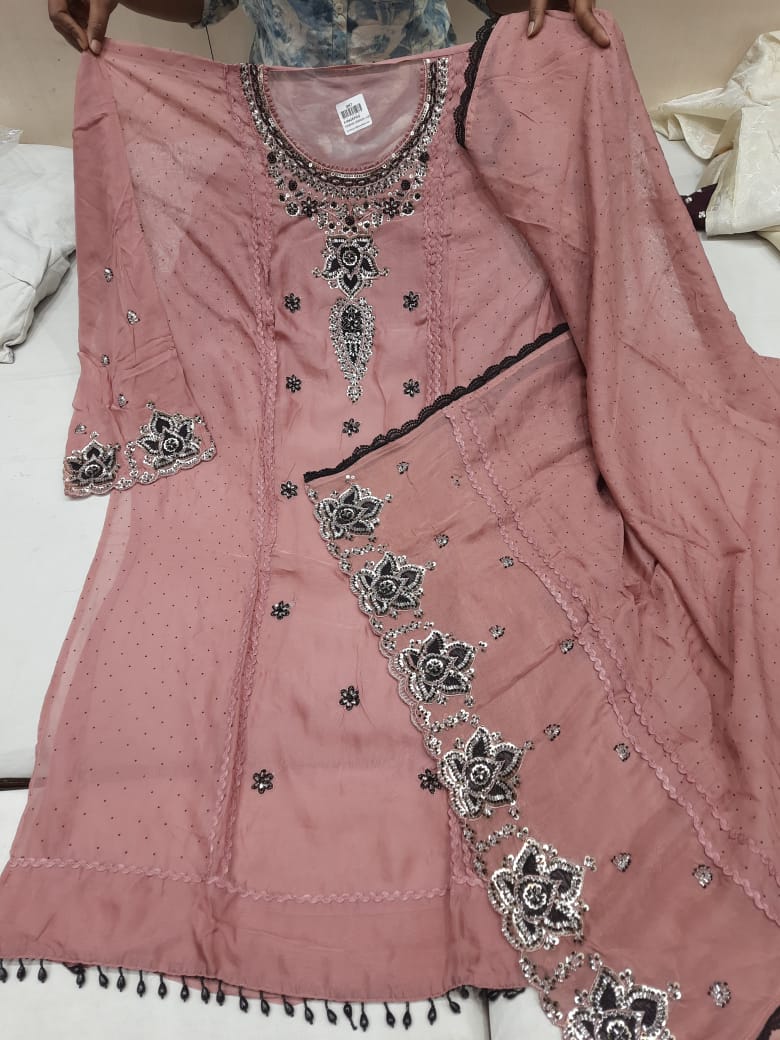 Astonishing pink unstitched salwar suit dress material (free size)