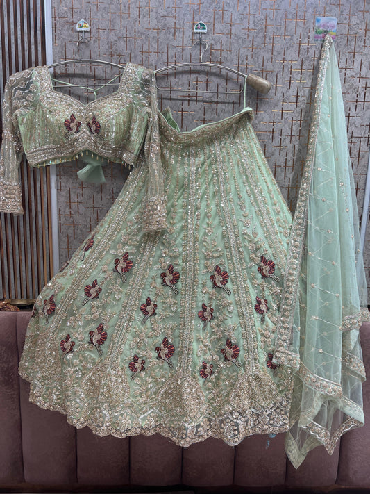 Pista Green Peacock Crop Top Lehenga