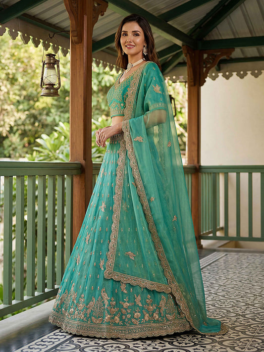 Sea Green Organza Tissue Fabric Lehenga 1247