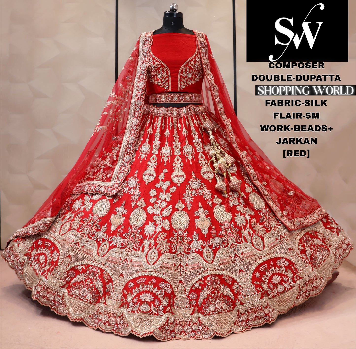 Rani pink silk double dupatta bridal Lehenga