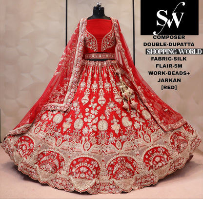 Rani pink silk double dupatta bridal Lehenga