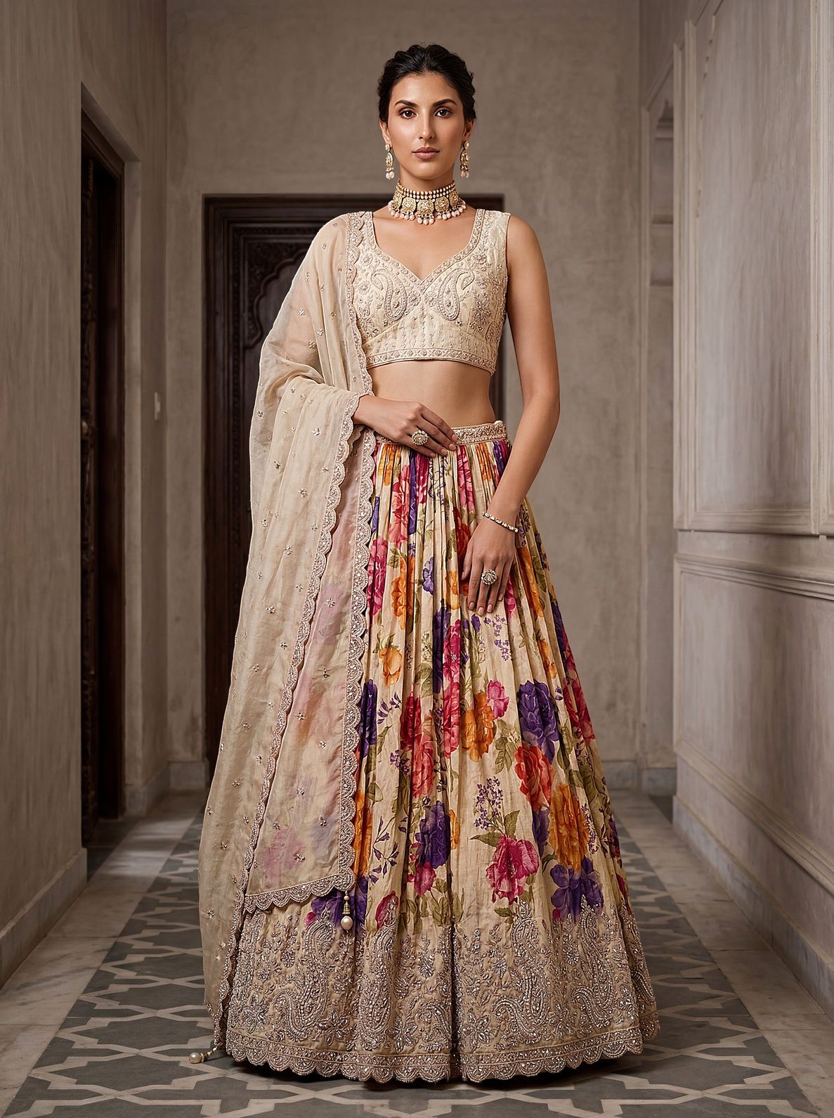 Green Tissue Fabric Bead Work Lehenga 1245
