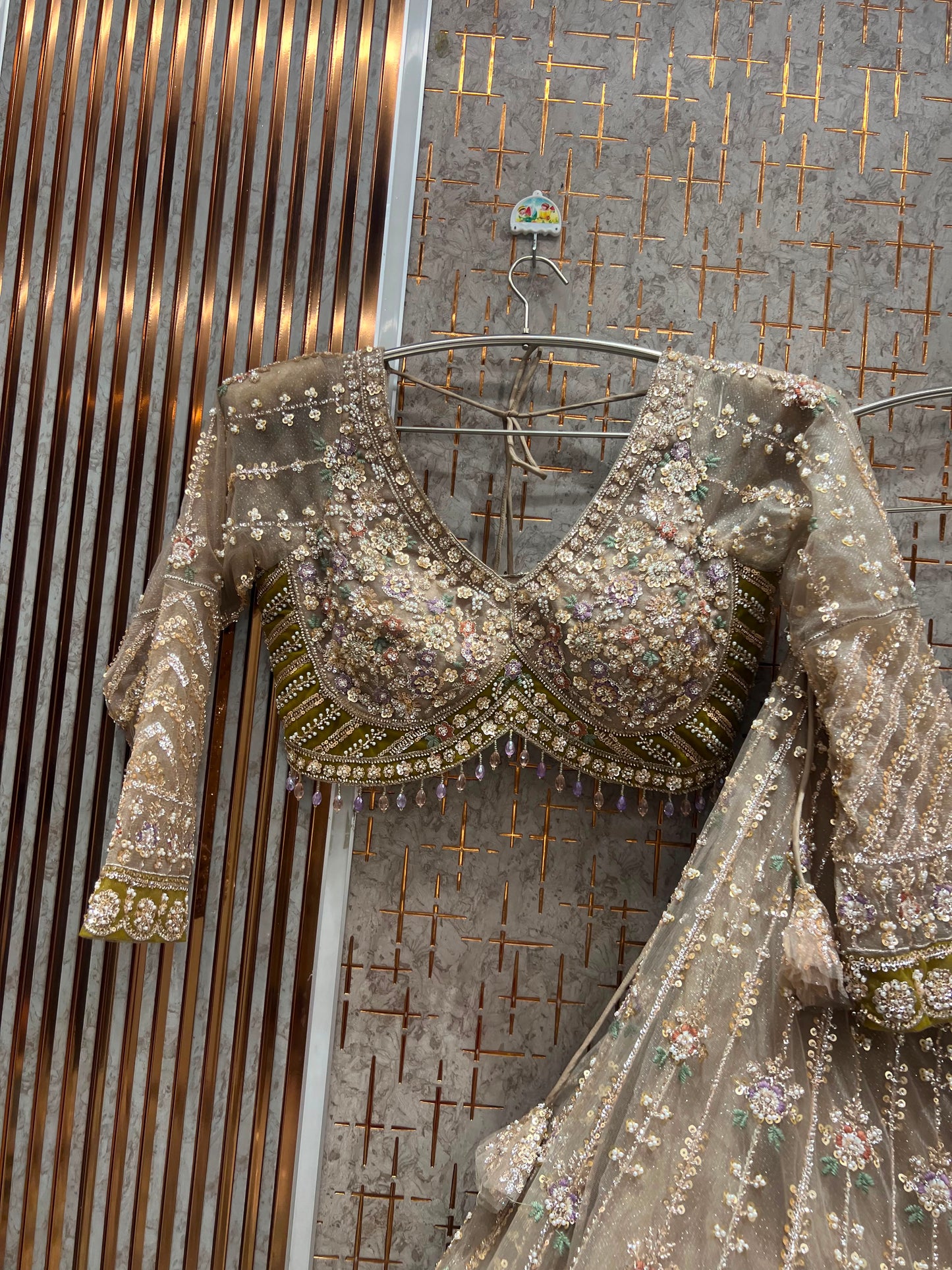 Beige Golden Peacock Crop Top Lehenga - Shopping World