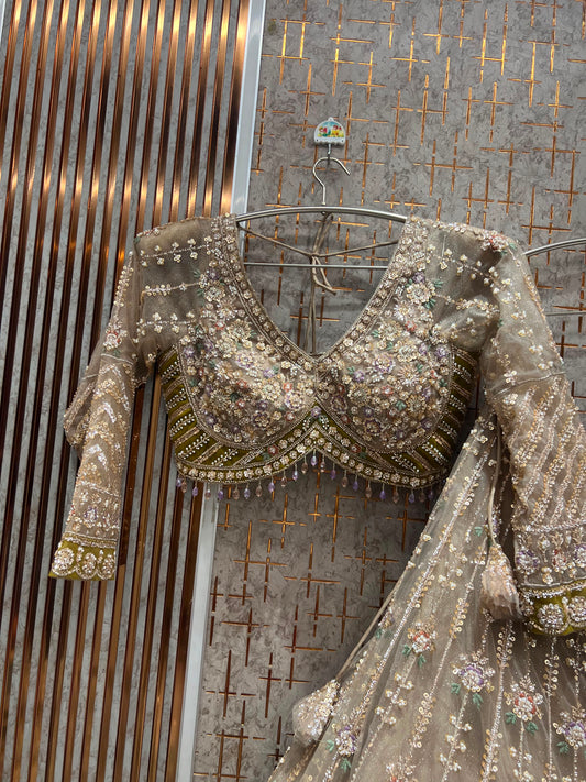 Beige Golden Peacock Crop Top Lehenga