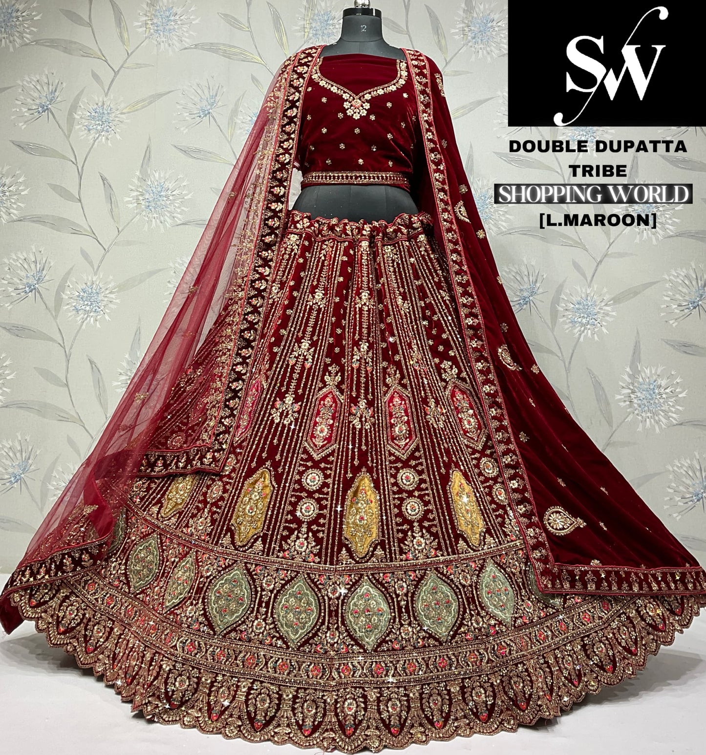 Pretty dark maroon Velvet bridal Lehenga