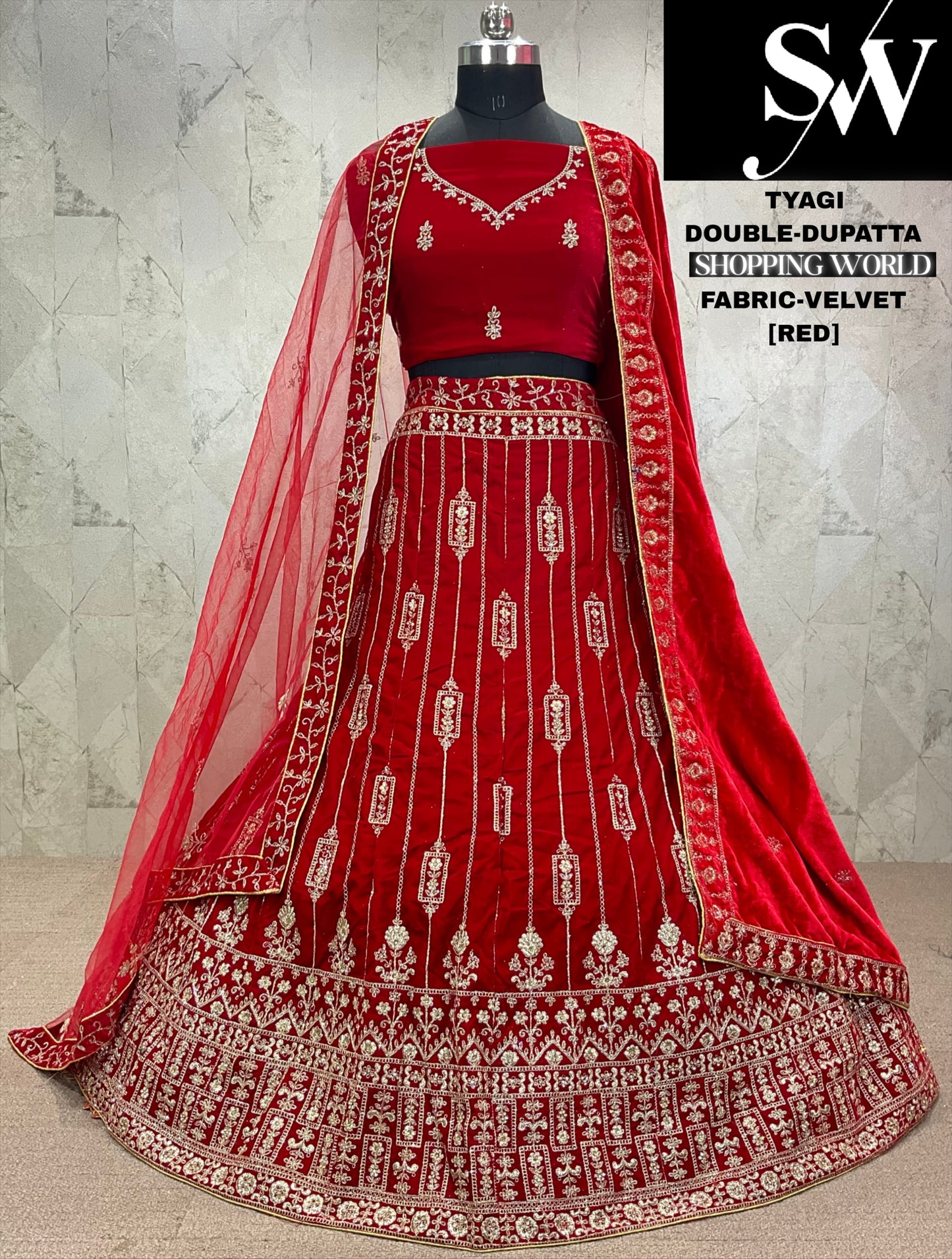 Designer dark maroon red Velvet bridal Lehenga