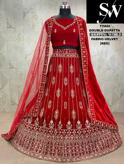 Designer dark maroon red Velvet bridal Lehenga