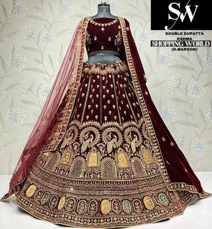 Attractive raspberry peacock Velvet bridal Lehenga