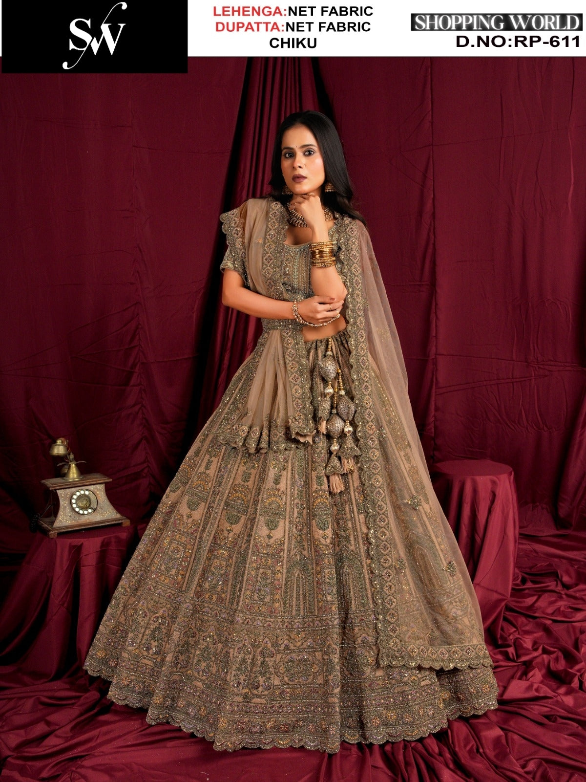 Tremendous Rust Net Bridal Lehenga