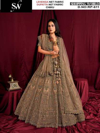 Tremendous Rust Net Bridal Lehenga