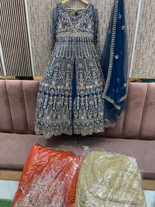 Teal Blue long peplum Dress Farshi Gaharara Dress Special - Shopping World