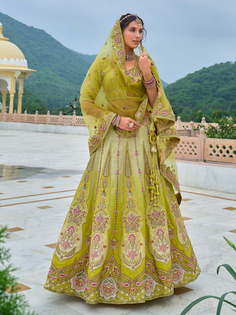 Limegreen Shade Heavy Designer Embroidered Patchwork Silk Semi Stitched Lehenga