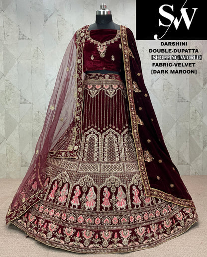 Majestic doli barat dark maroon Velvet bridal Lehenga