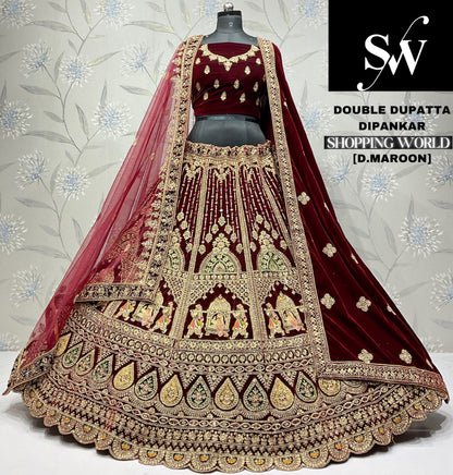 Elegant dark maroon doli barat Velvet bridal Lehenga