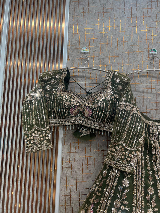 Dark Green Peacock Crop Top Lehenga