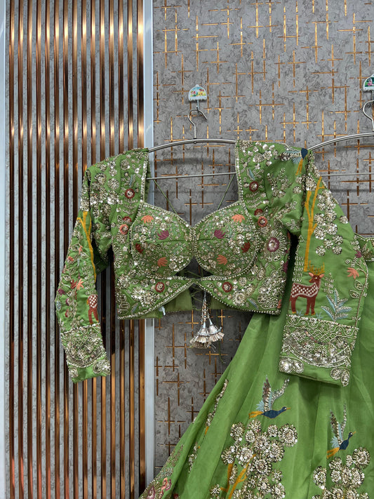 Green Peacock Crop Top Lehenga