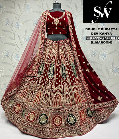 Astonishing dark maroon Velvet bridal Lehenga