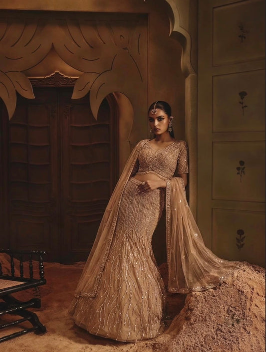 Green Navy Blue Fish Cut Crop Top Lehenga