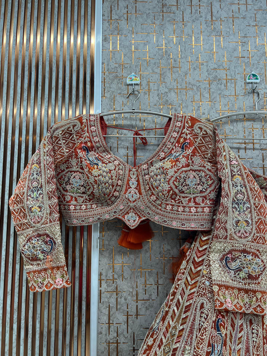 Rust orange peacock Crop top Lehenga