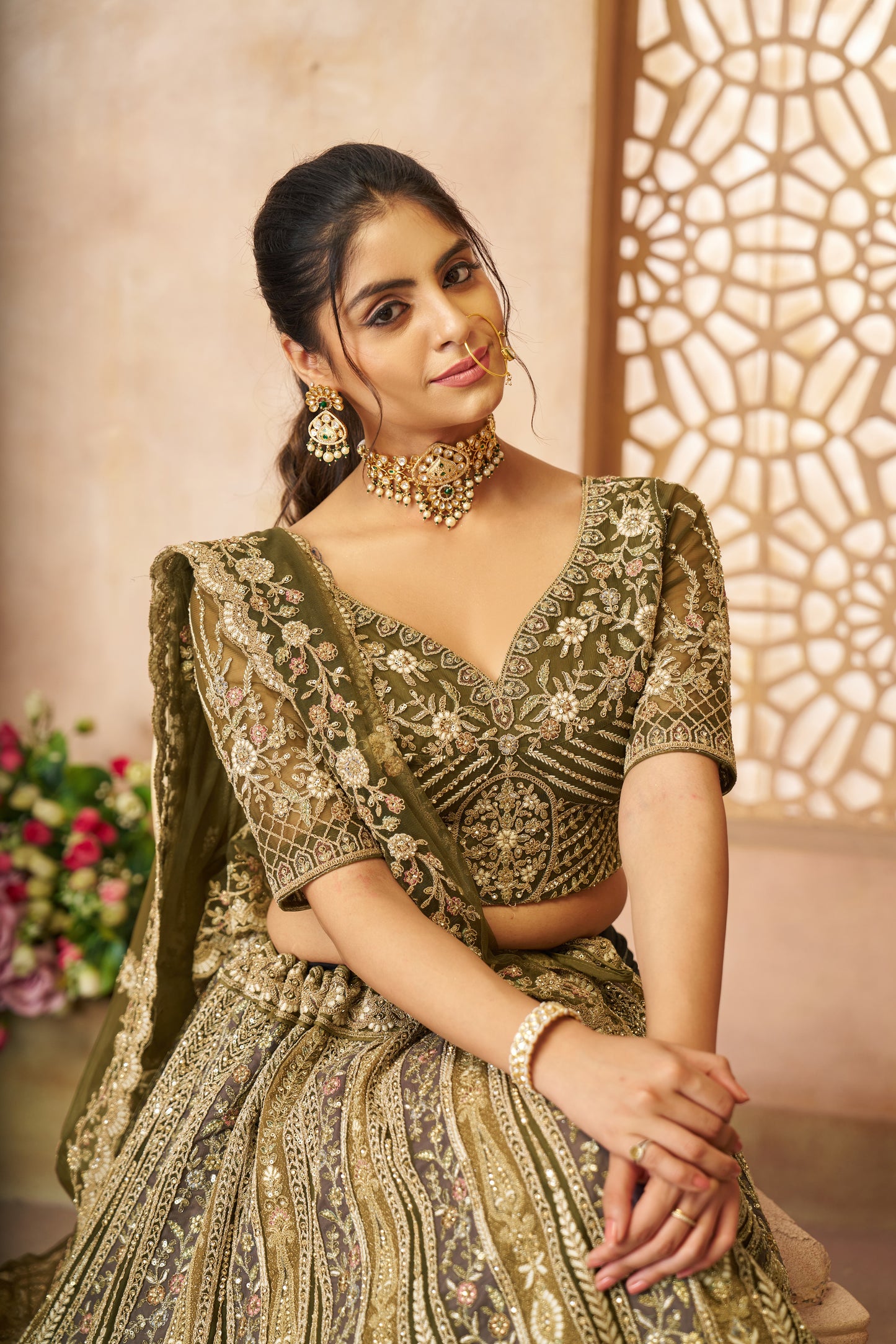 Good looking mehendi green girlish lehenga 04