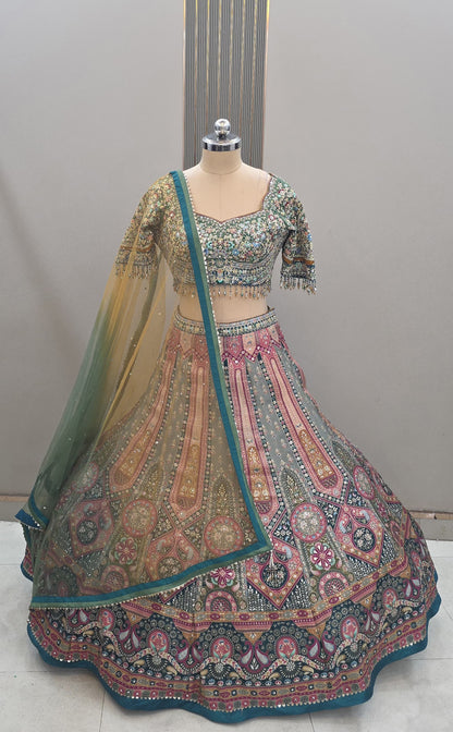 Embellished Multicolour peach Jacquard Banarasi Crop Top Lehenga