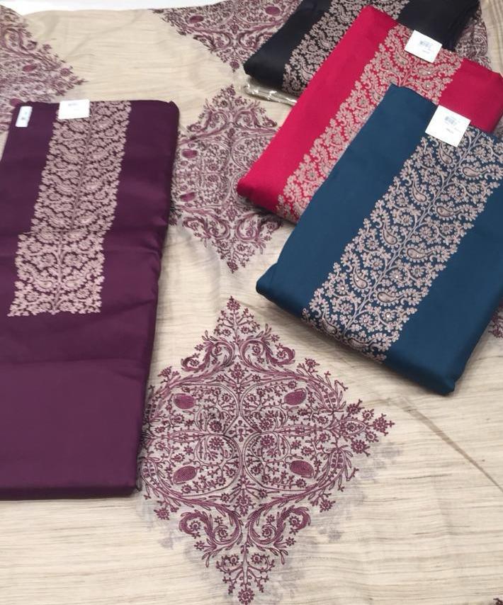 Embellished golden maroon pink Navy blue unstitched salwar suit dress material (free size)