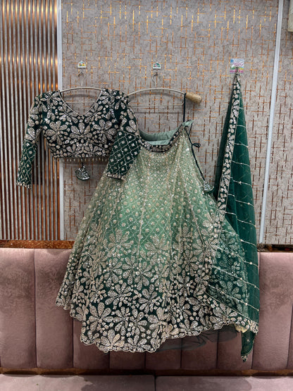 Green Double Shade Crop Top Lehenga