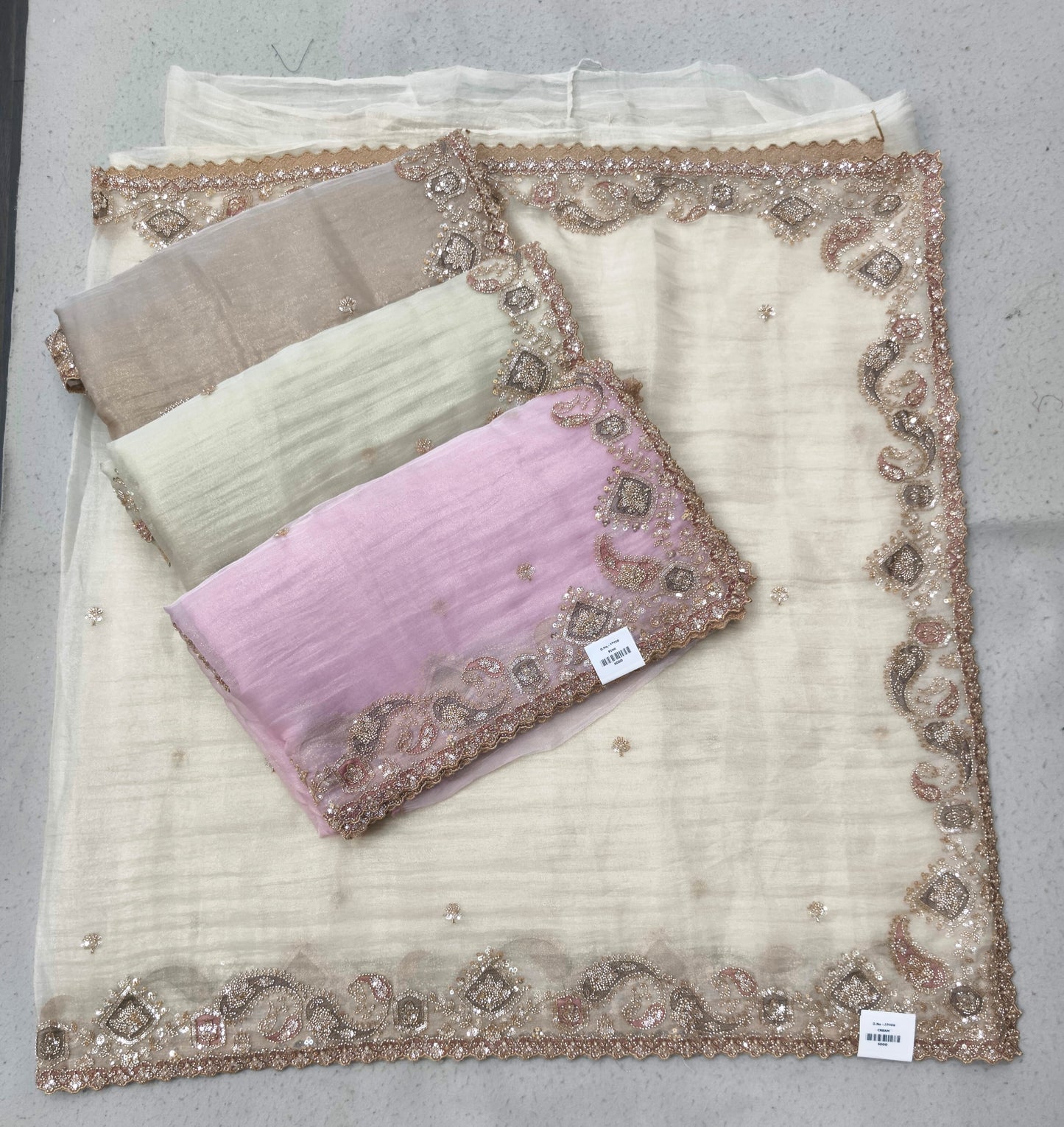 Pink Pista Green Brown Off White Saree