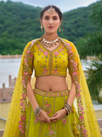 Yellow-Green Shaded Designer Embroidered Cut-Work Silk Semi Stitched Lehenga