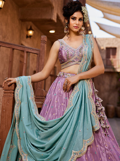 Satin Silk pink Fabric Sequins embroidery Semi-Stitched Lehenga choli & Dupatta lehenga