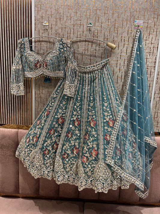 Sky Blue Peacock Crop Top Lehenga