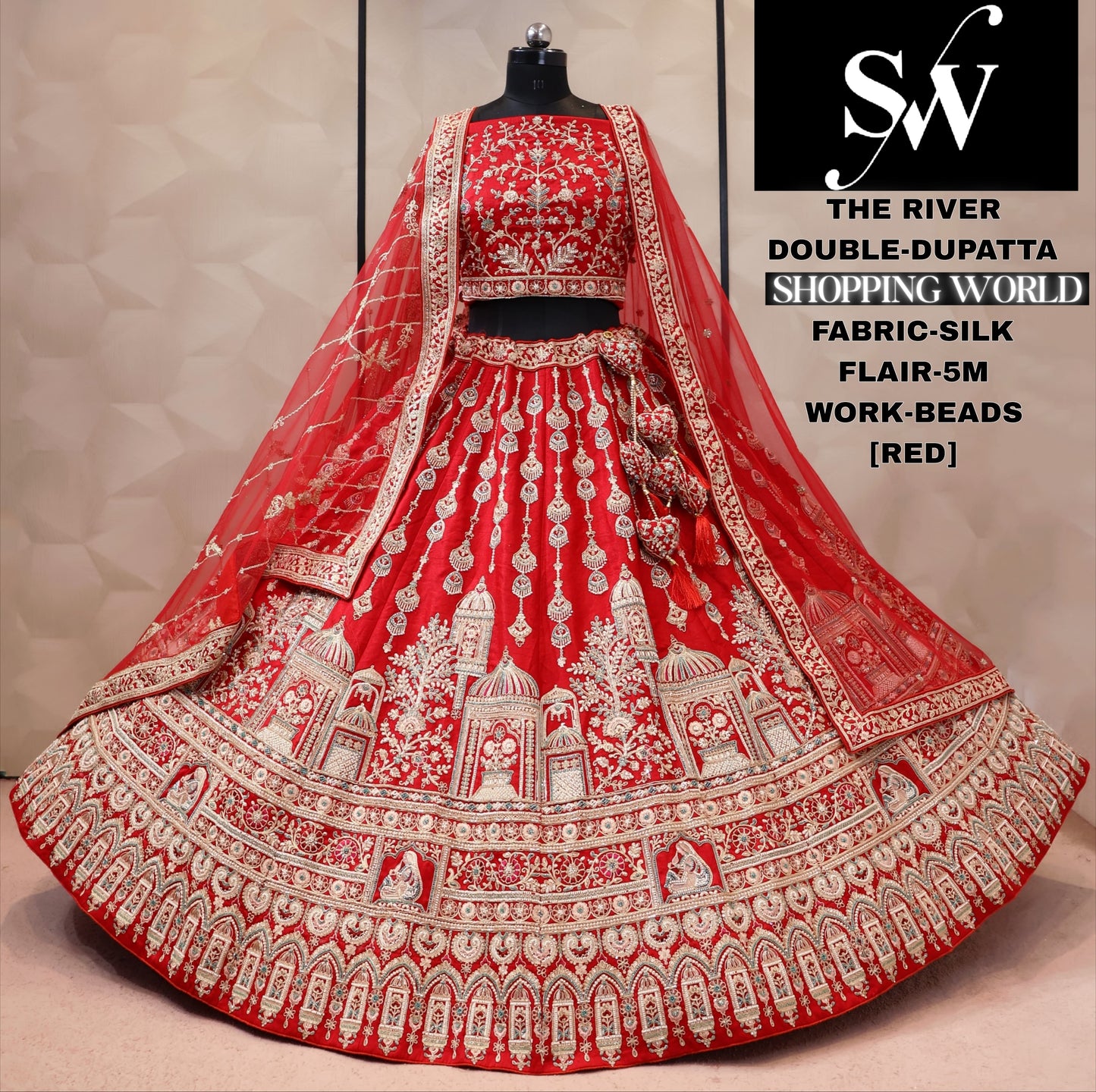 Red silk double dupatta bridal Lehenga