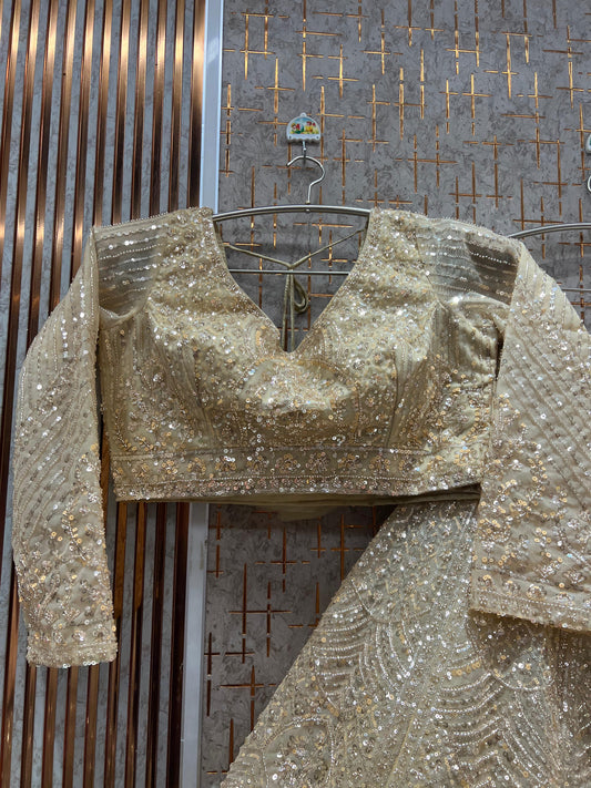 Designer Beige Golden crop top Lehenga