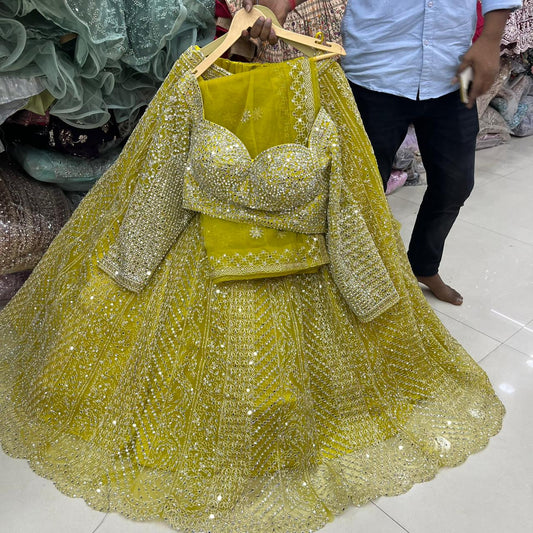 Yellow Haldi Mehendi Crop Top Lehenga