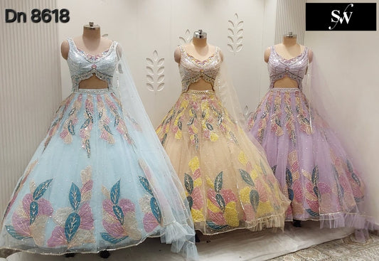 Sky Blue Beige Golden Lavender Pdp Crop Top Lehenga