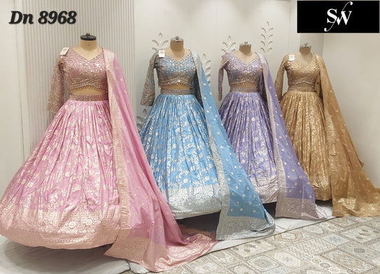 Baby Pink Sky Blue Lavender Beige Golden Crop Top Lehenga