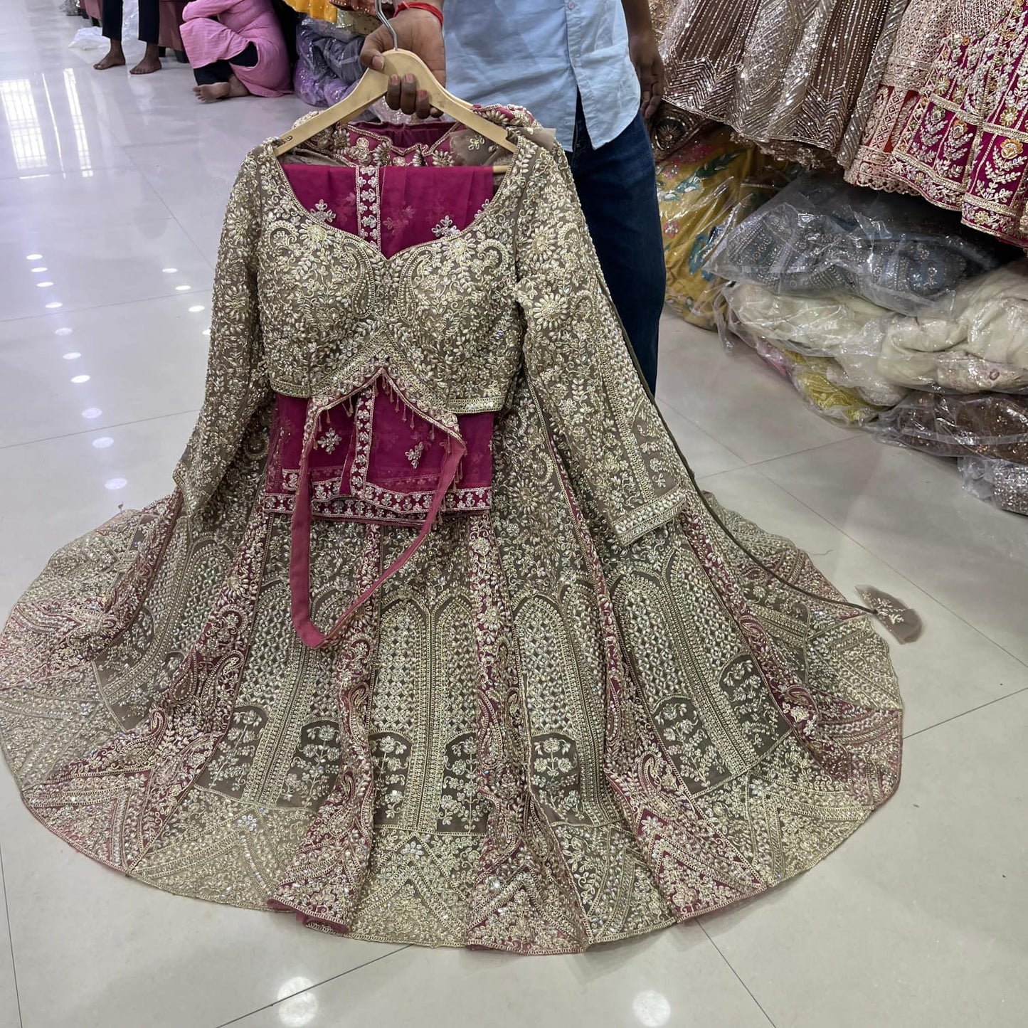 Green pink Double Shade Crop Top Lehenga