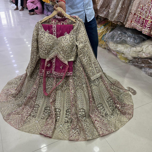 Maroon Beige Golden Double Shade Crop Top Lehenga