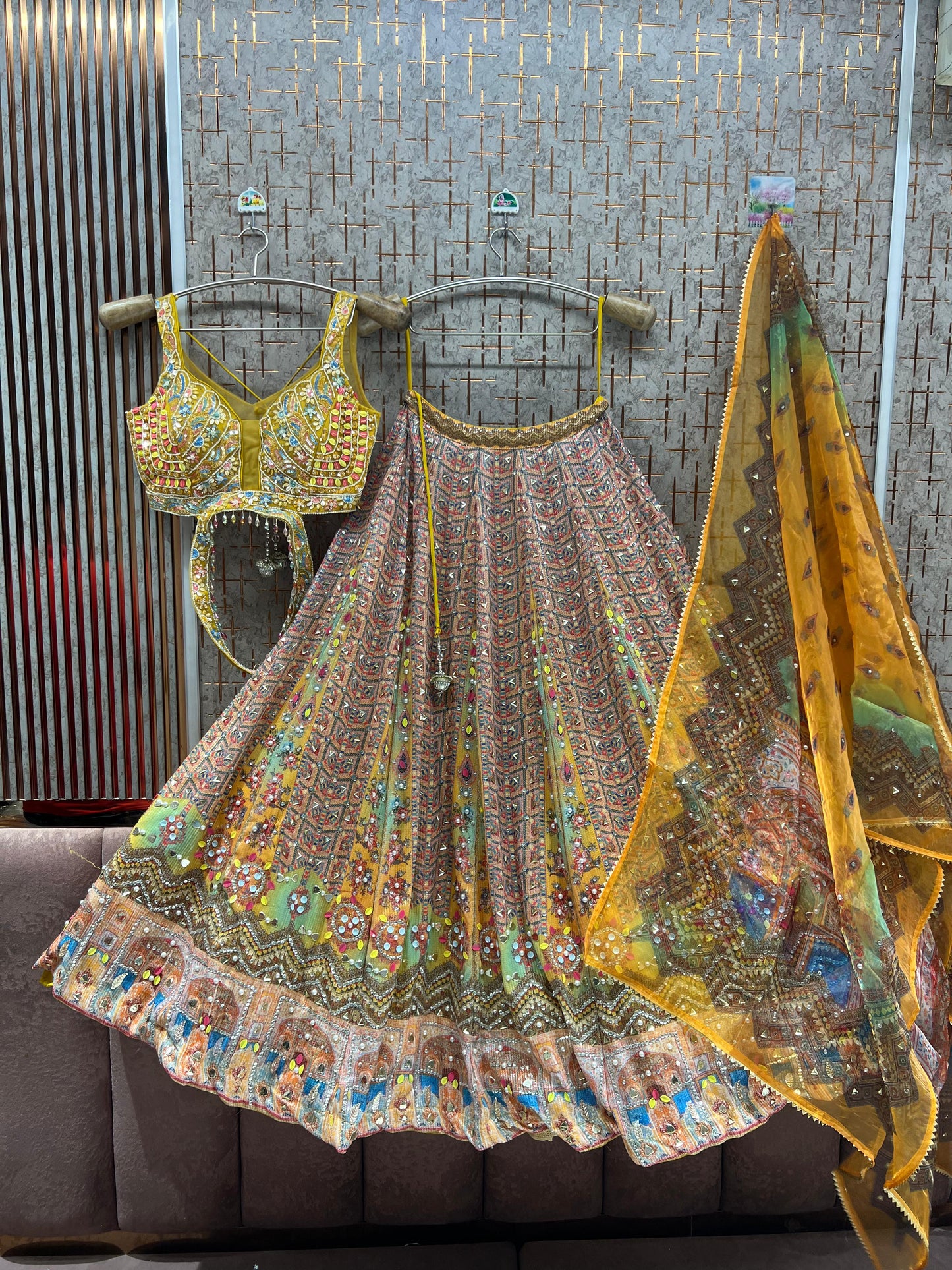 Yellow Multicolour pdp Crop Top Lehenga